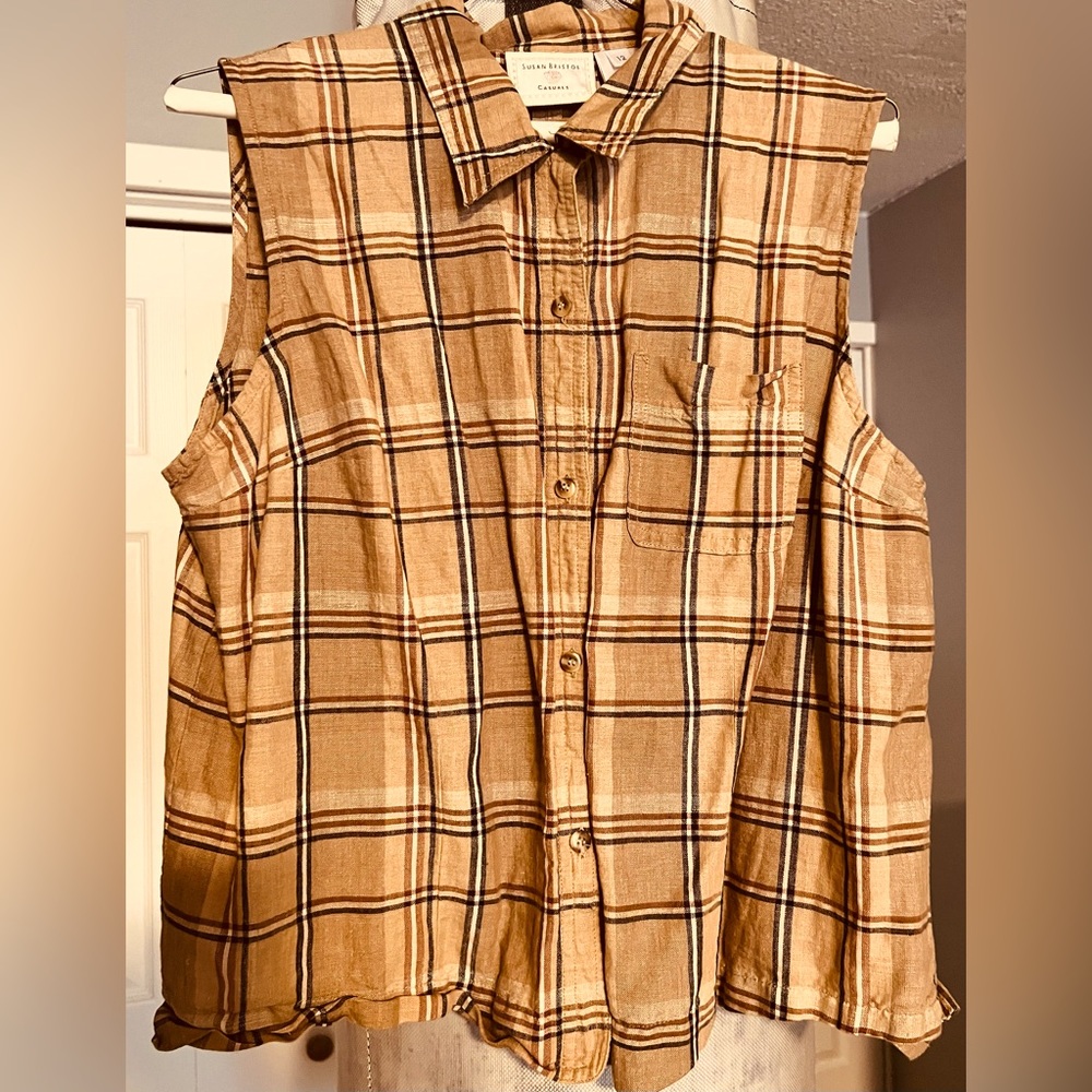 Brown sleeveless flannel button up; Susan Bristol Casuals
